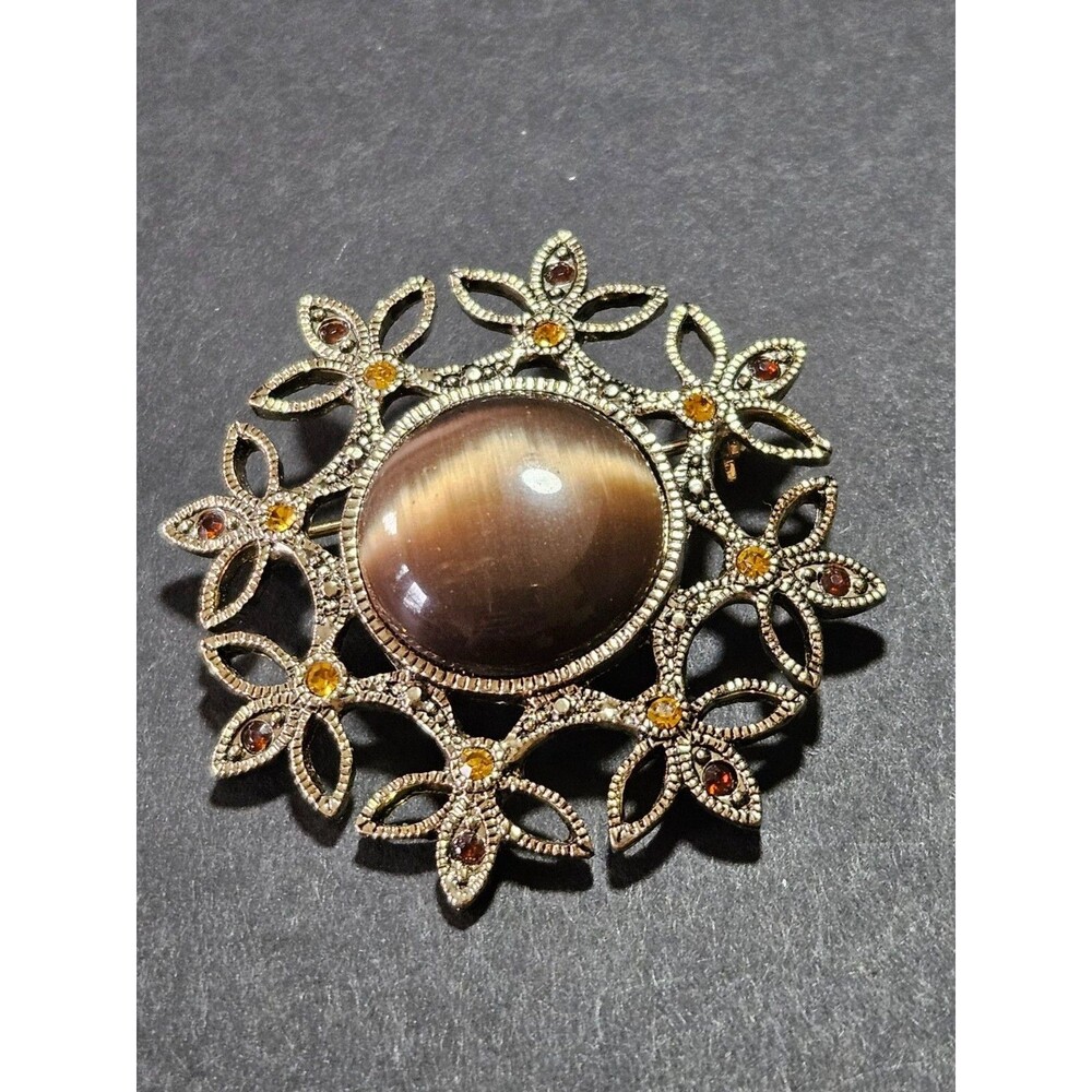 Vintage Gold Tone Round Brown Cat's Eye Brooch Rhinestone Accents